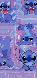 Cute Stitch cartoon against a blue leafy background.