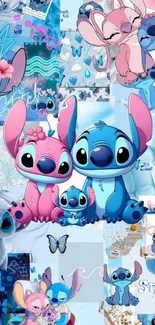 Colorful Stitch collage wallpaper with blue and pink tones.