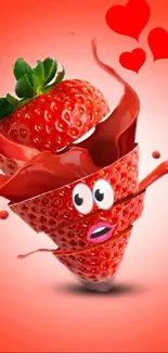 Animated strawberry character with hearts on a red background.