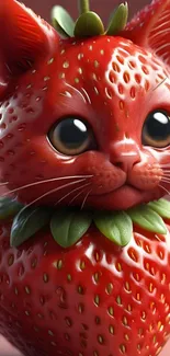 A whimsical strawberry cat with big eyes, perfect for a mobile wallpaper.