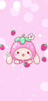 Adorable pink strawberry character wallpaper with cute design.