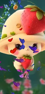 Cute character with strawberry hat and colorful butterflies.