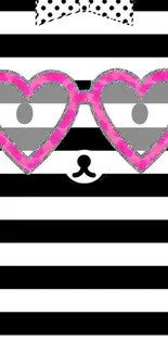 Cute striped wallpaper with pink heart glasses and panda face.