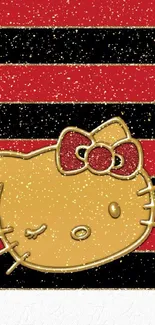 Cute Hello Kitty wallpaper with red and black stripes and a golden kitty design.