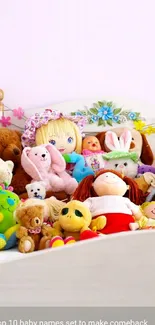 Colorful stuffed toys collection on bed.