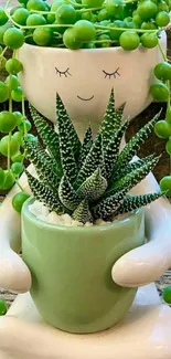 Playful succulent planter with greenery cascading in a charming design.