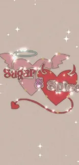 Cute sugar and spice theme with angel and devil hearts on a pastel background.