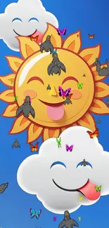 Cheerful cartoon wallpaper with sun and clouds.