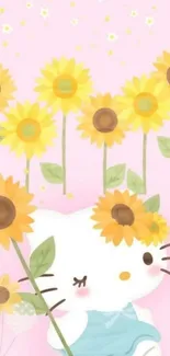 Cute white cat with sunflowers on a pink background.