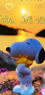 Snoopy hugs a friend at sunrise with hearts floating around.