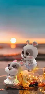 Two cartoon creatures on a jar at sunset beach.