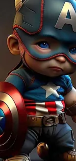 Cartoon baby superhero with a shield in a blue and red outfit.