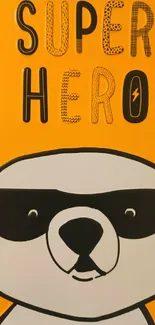 Cute superhero bear on vibrant orange background with sunglasses.