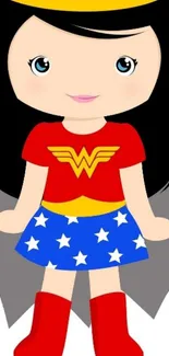 Cute superhero cartoon with red top and blue starry skirt.