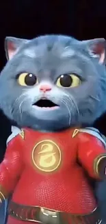 Cute superhero cat in red costume on phone wallpaper.