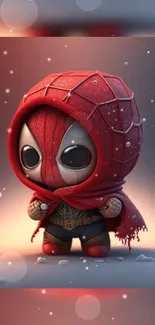 Chibi superhero in red scarf on mobile wallpaper.