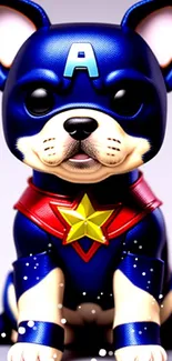 Cartoon dog in a superhero costume with blue and red colors, sitting pose.