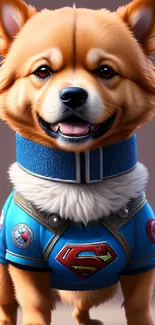 Adorable corgi in a blue superhero outfit.