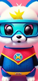 Cute cartoon dog in superhero costume with pink background.