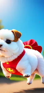 Cute puppy in superhero costume flying against blue sky.