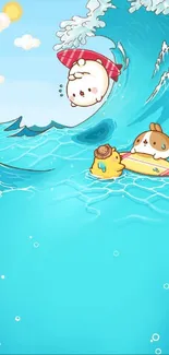 Cute cartoon animals surfing on blue ocean waves under sunny sky.