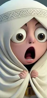 Surprised cartoon character wrapped in a white blanket with a gray background.