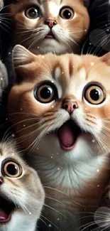 Group of cute cats with surprised faces in vibrant colors.