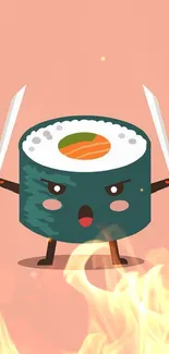 Adorable cartoon sushi samurai on a peach background, perfect for mobile wallpaper.