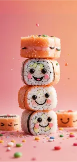 Stack of smiling sushi with pink background.