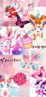 Colorful Sylveon collage with pink tones, butterflies, and motivational quotes.