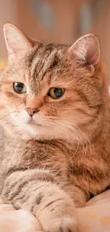 Adorable tabby cat resting on bed, perfect for cozy wallpaper.