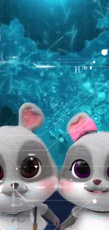 Two cute rabbits with a tech blue background in a digital wallpaper.