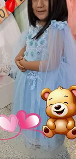 Child in blue dress with a teddy bear.