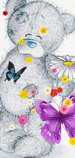 Cute teddy bear with butterflies and a daisy on fluffy fur.