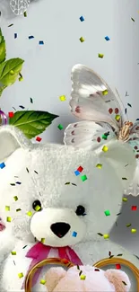 Cute teddy bear with butterfly and confetti on a white background.