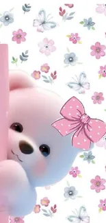 Cute teddy bear with pink bow and floral background.
