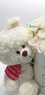 Cute fluffy teddy bear with roses and floral vase wallpaper.