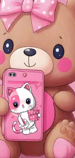 Cute teddy bear with a pink phone featuring a kitten.