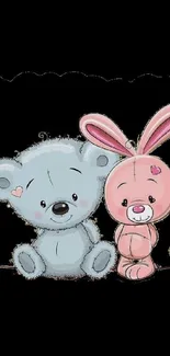 Cute cartoon teddy bear and pink rabbit on a black background.