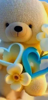 Cute teddy bear with blue hearts and yellow flowers on a soft background.