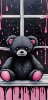 Cute teddy bear with pink and purple hues on window ledge.