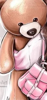 Adorable teddy bear with pink backpack illustrated on wallpaper.