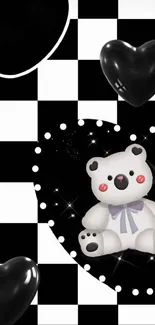 Cute teddy bear on black and white checkered background with hearts.