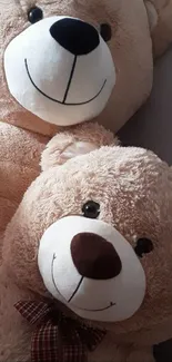 Two fluffy teddy bears resting joyfully on a bed.