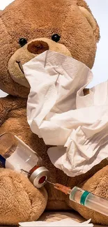 Teddy bear with tissues and syringe on cozy wallpaper setting.