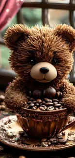 Cute teddy bear in a coffee cup with beans.