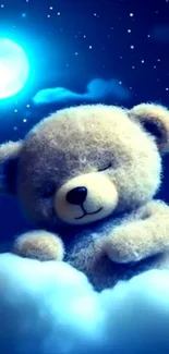 Teddy bear sleeping on clouds under a starry night sky.