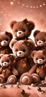 Warm mobile wallpaper with a cozy family of teddy bears in soft, brown tones.