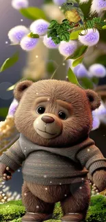 Cute teddy bear in a whimsical fantasy garden scene.