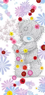 Adorable fluffy teddy bear with pastel floral background.